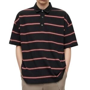 All Saints Arden Striped Oversized Organic Polo Shirt L Grunge AllSaints NWOT